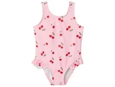 Lyserød badedragt med kirsebærprint og flæse ved benåbning fra Name It 13239622 pink frosting